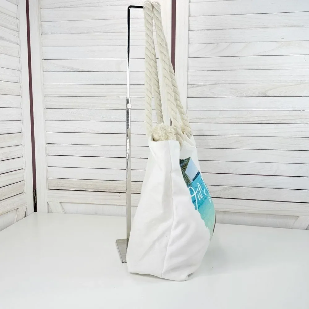 Tropical Out Of Office Beach Scene Canvas Tote Bag‎ White Rope Straps
